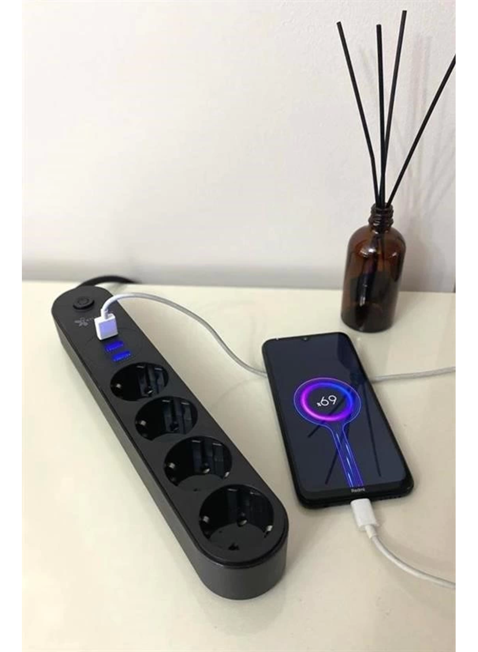 4lü Siyah Anahtarlı 3 Usb Li Akım Korumalı Topraklı Çocuk Korumalı Grup Priz 2 Metre (
