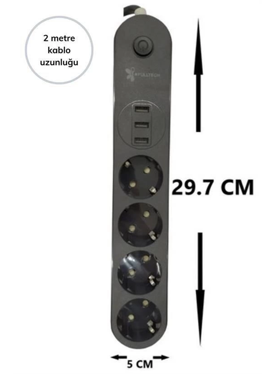 4lü Siyah Anahtarlı 3 Usb Li Akım Korumalı Topraklı Çocuk Korumalı Grup Priz 2 Metre (