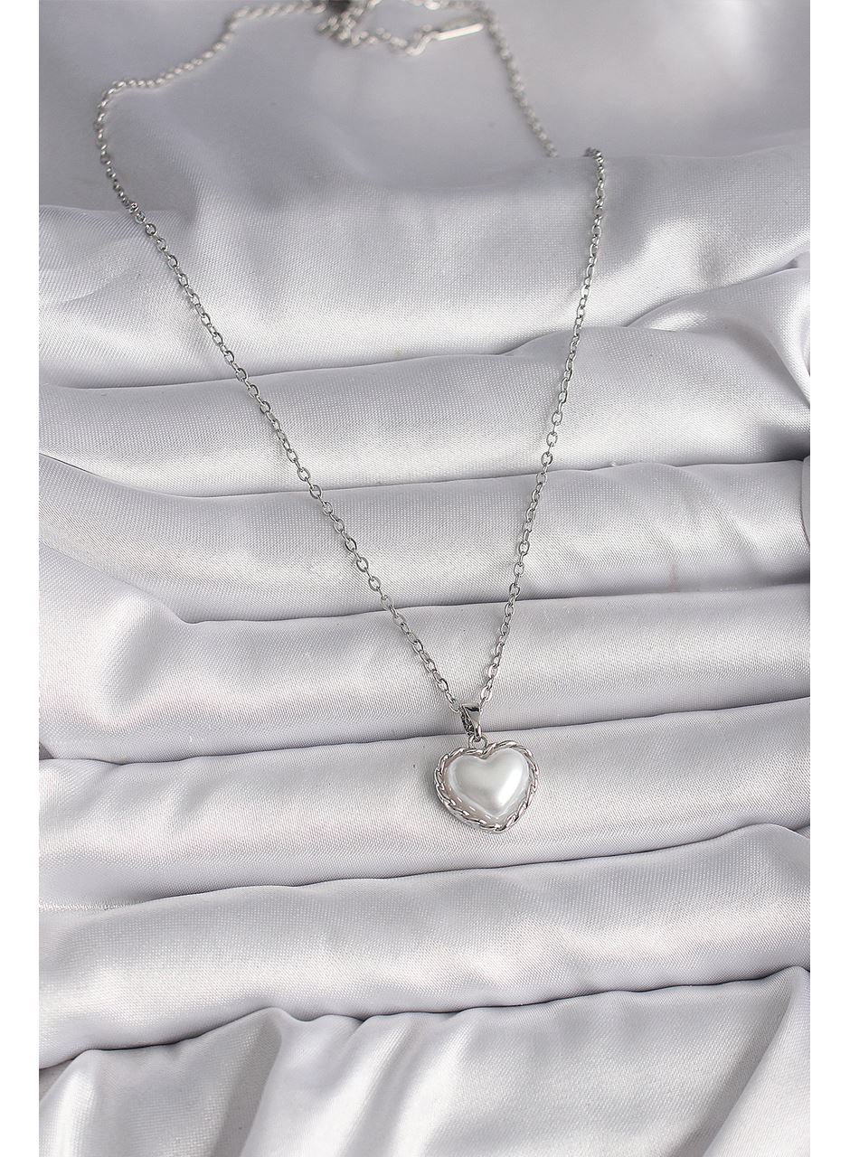 316L Çelik Gümüş Renk Zincir 3D İnci Kalp Model Kadın Kolye