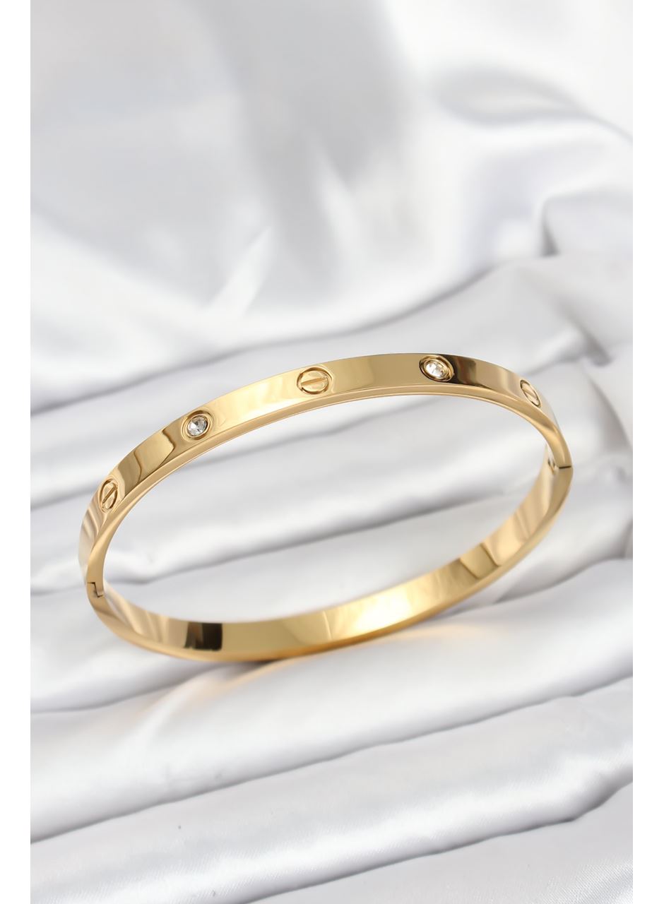 316L Çelik Gold Renk Zirkon Taşlı 65 mm Kadın Kelepçe Bileklik