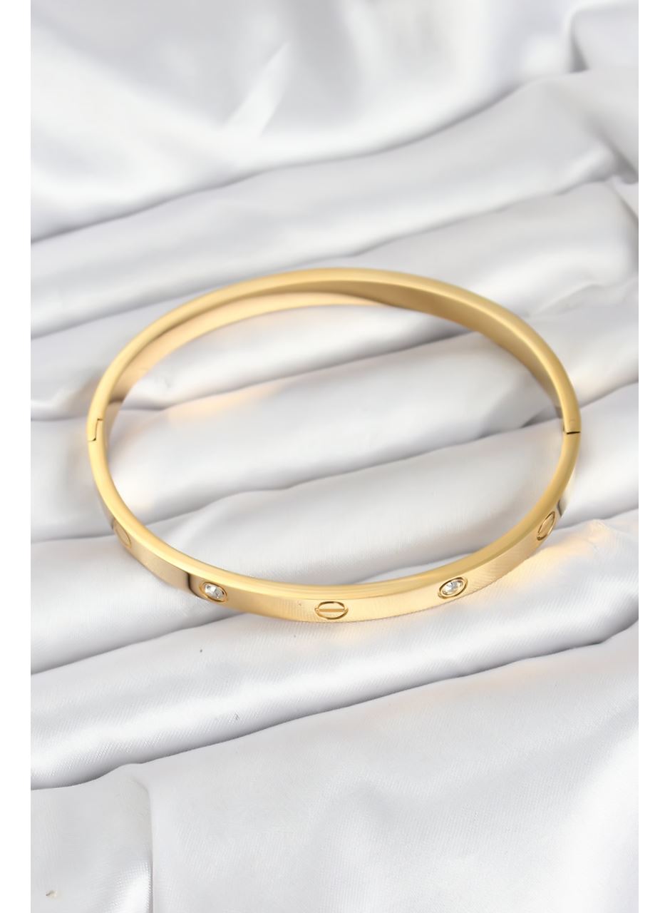316L Çelik Gold Renk Zirkon Taşlı 65 mm Kadın Kelepçe Bileklik