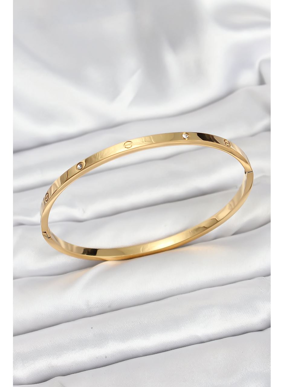 316L Çelik Gold Renk Zirkon Taşlı 65 mm İnce Kadın Kelepçe Bileklik