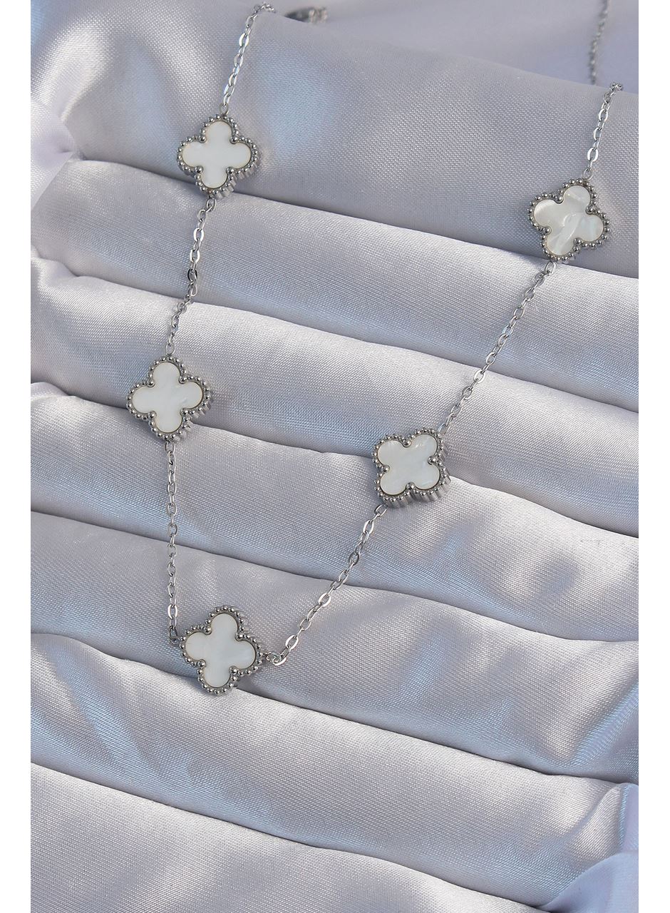 316L Çelik Gümüş Renk Beyaz Sedefli Yonca Kolye