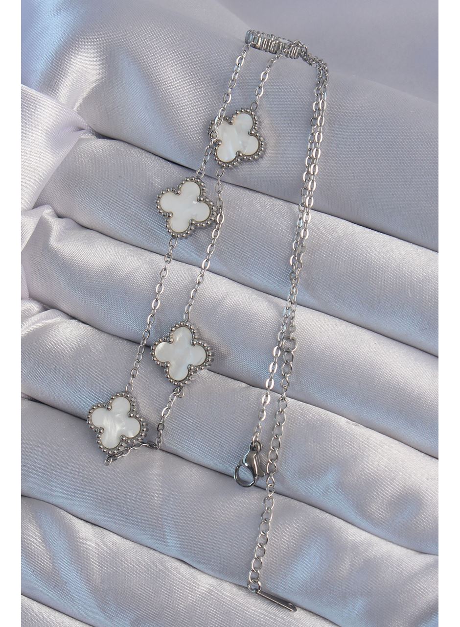 316L Çelik Gümüş Renk Beyaz Sedefli Yonca Kolye