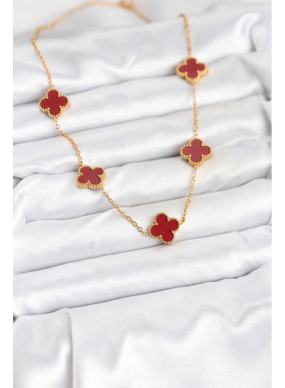 316L Çelik Gold Renk Zincir Bordo Yonca Kadın Kolye