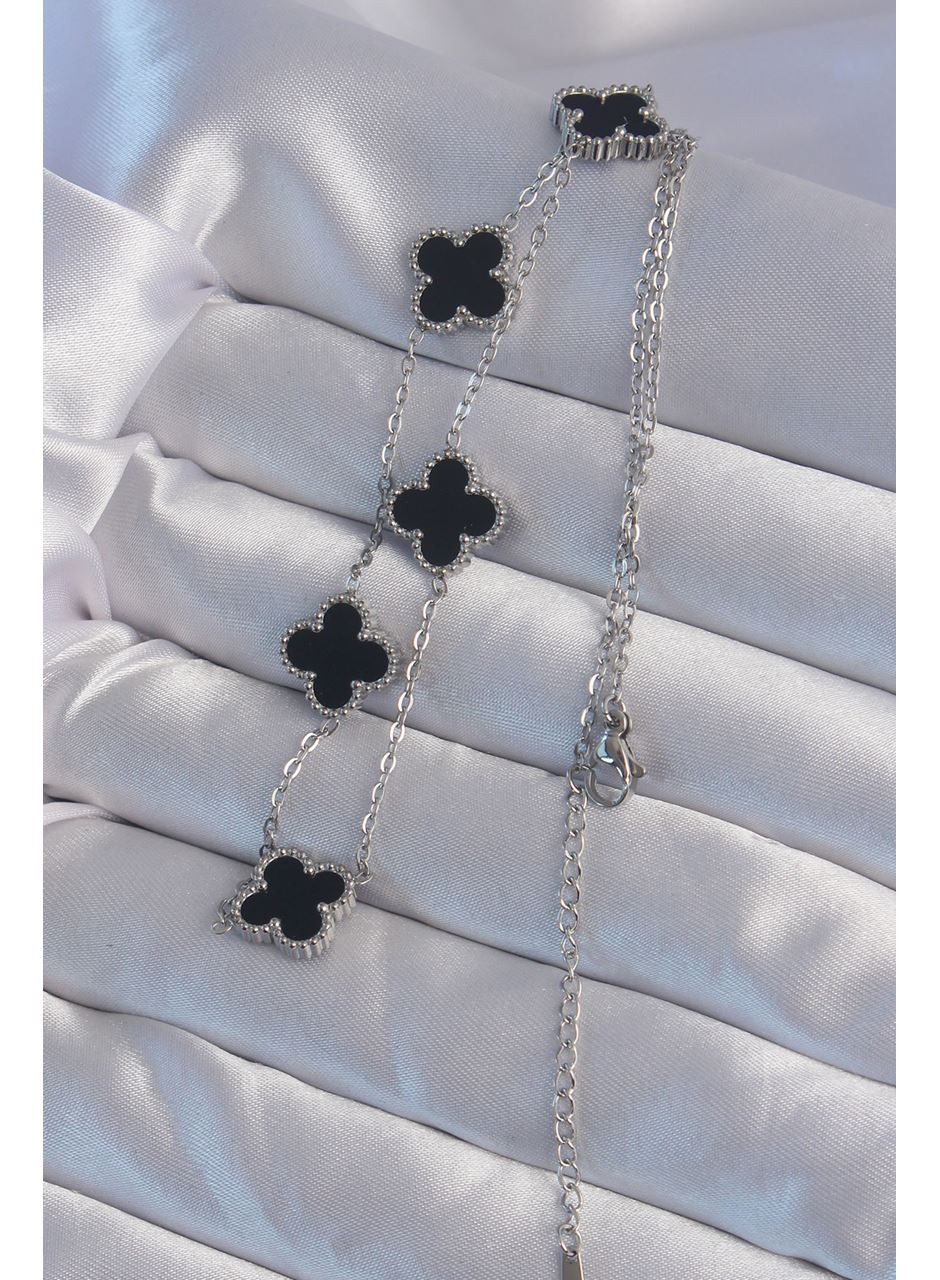 316L Çelik Gümüş Renk Siyah Mineli Yonca Kolye