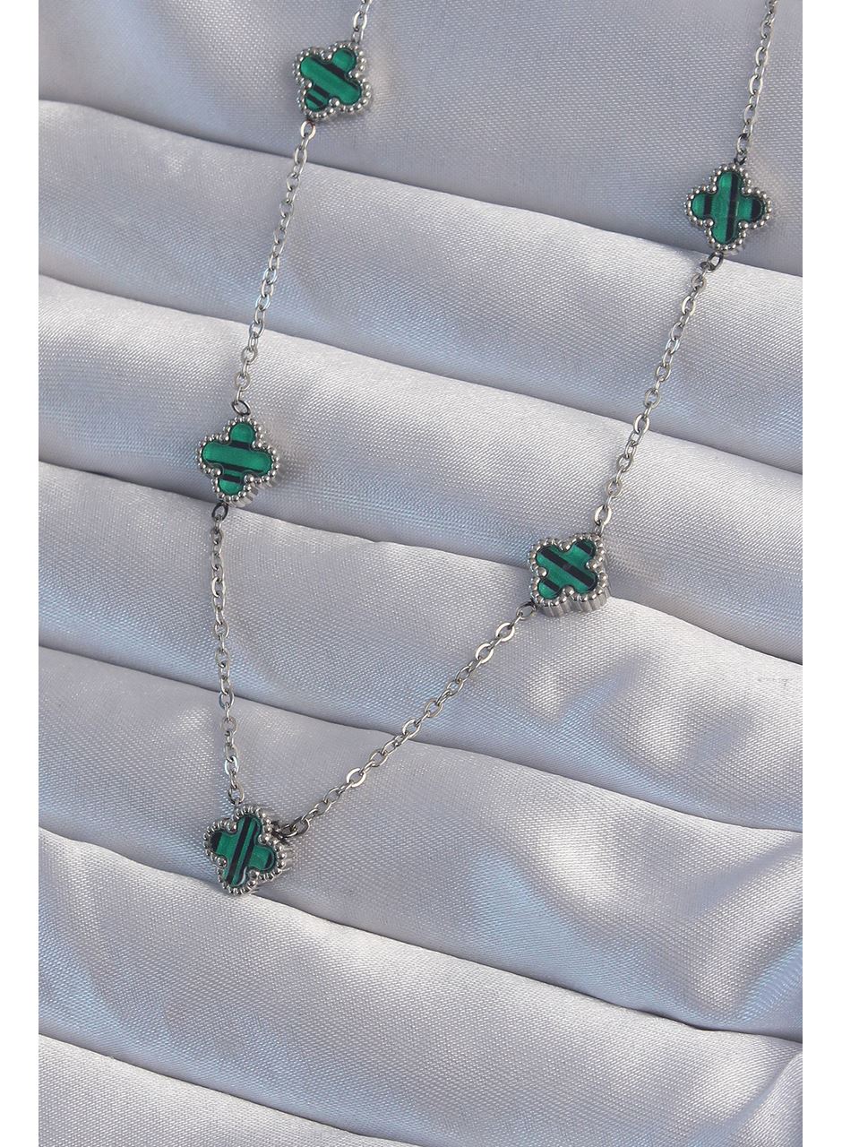 316L Çelik Gümüş Renk Minimal Yeşil Mineli Yonca Kolye