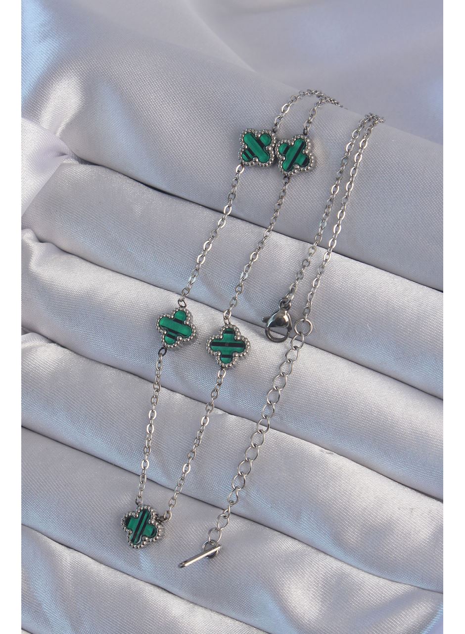 316L Çelik Gümüş Renk Minimal Yeşil Mineli Yonca Kolye