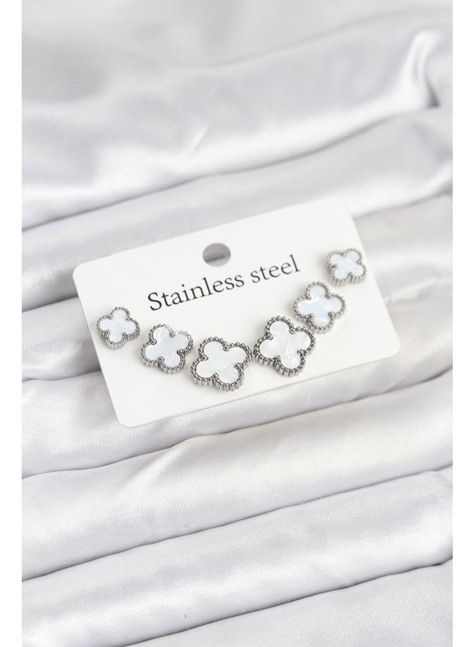 316L Çelik Gümüş Beyaz Renk 3 Boy Yonca Küpe Seti