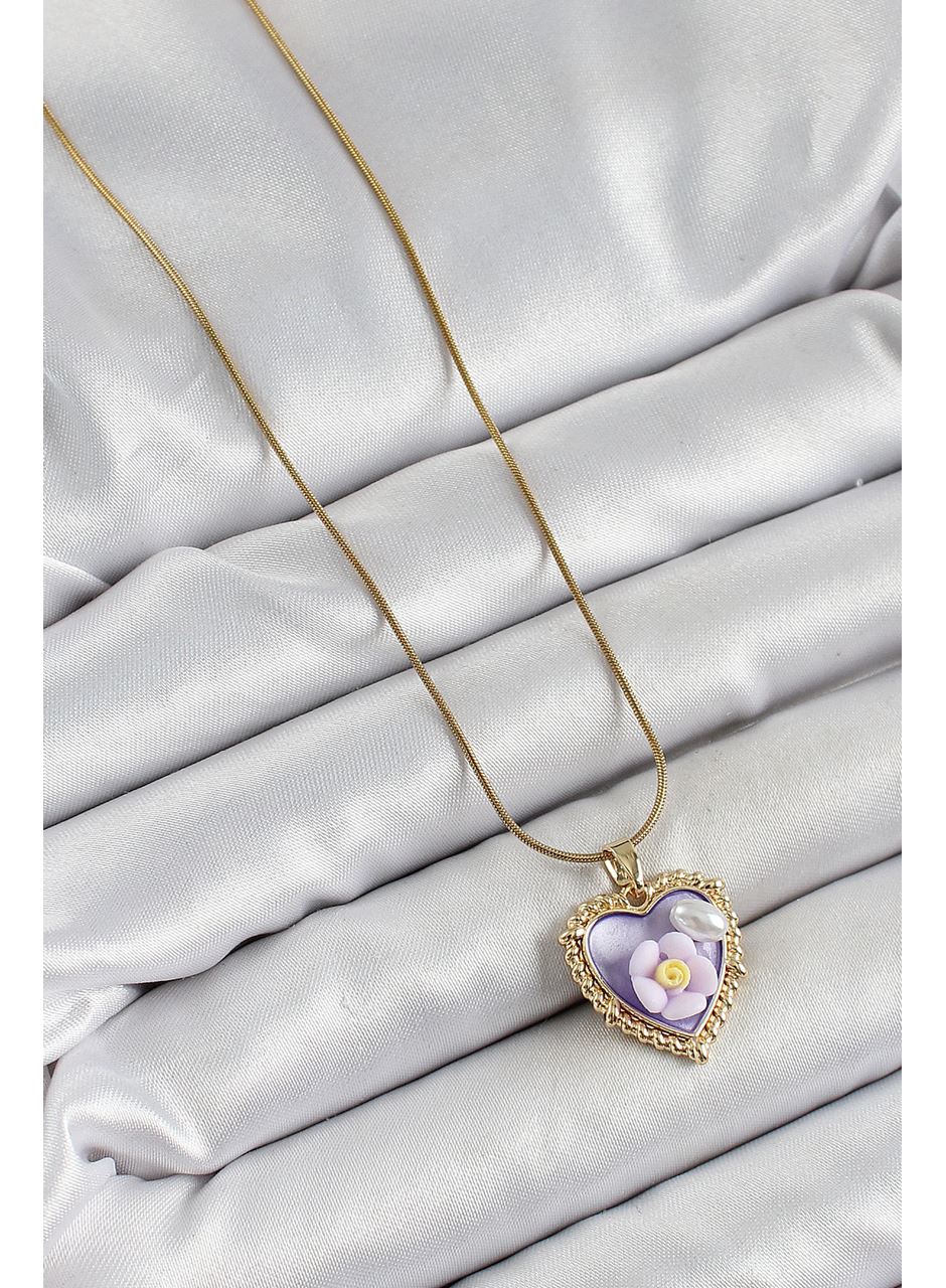 316L Çelik Zincir Mor Sanatsal Portre İnci Detaylı Papatya Figürlü Kalp Model Gold Renk Kadın Kolye