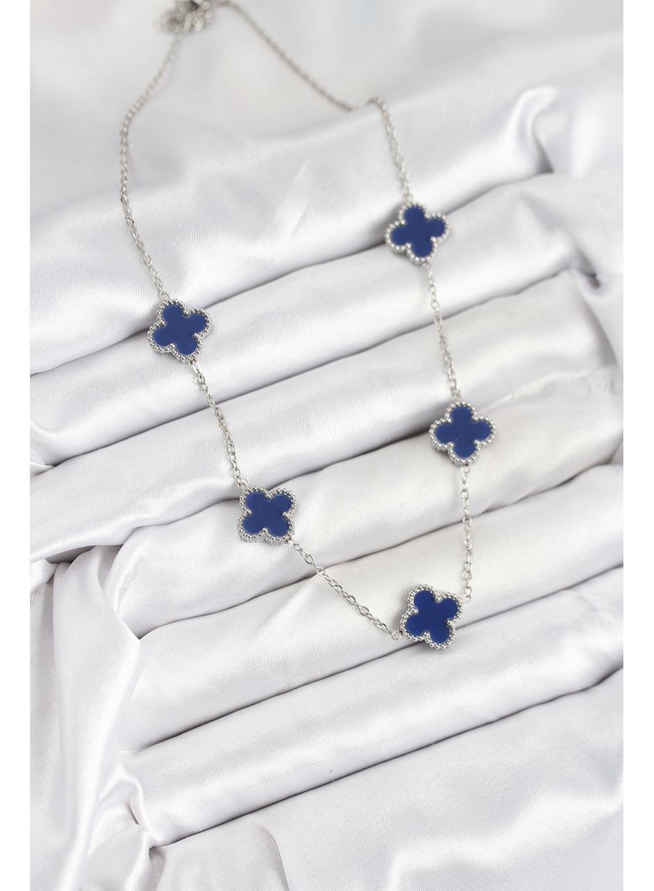 316L Çelik Zincir Gümüş Lacivert Renk Yonca Kadın Kolye