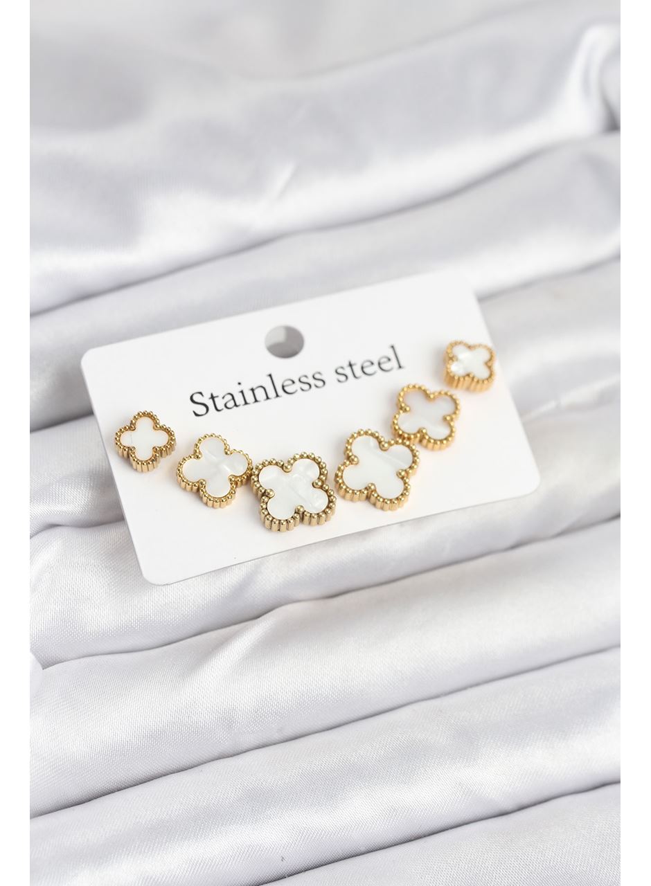 316L Çelik Gold Beyaz Renk 3 Boy Yonca Küpe Seti