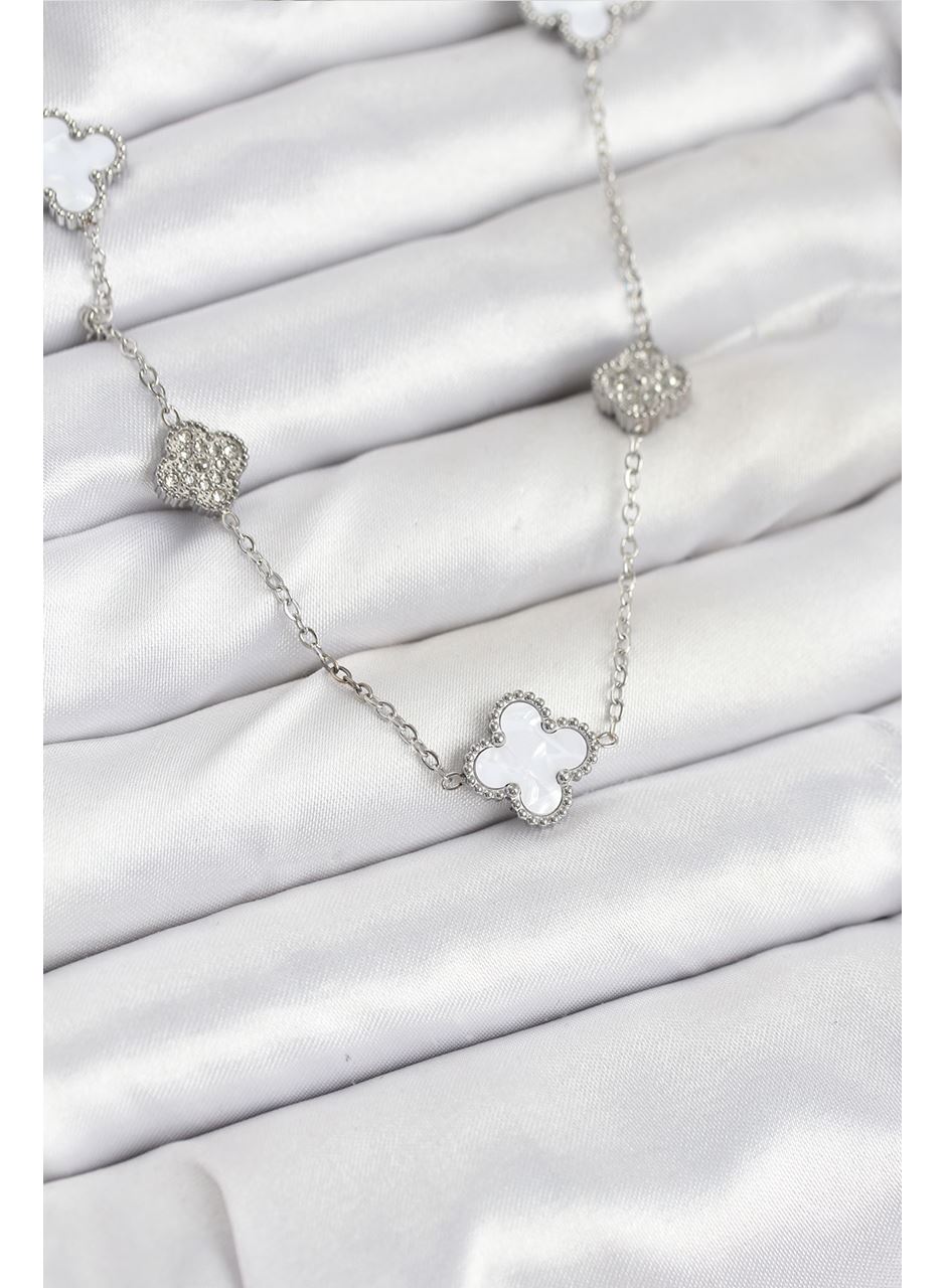 316L Çelik Zincir Gümüş Renk Beyaz ve Zirkon Taşlı Yonca Kadın Kolye