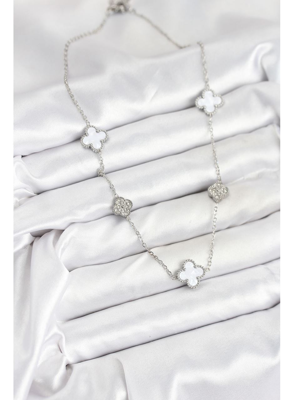 316L Çelik Zincir Gümüş Renk Beyaz ve Zirkon Taşlı Yonca Kadın Kolye