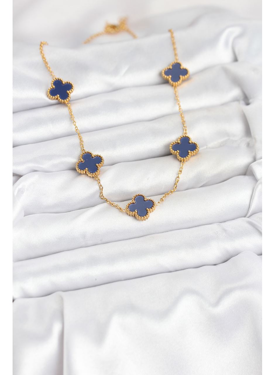 316L Çelik Zincir Gold Renk Lacivert Yonca Kadın Kolye