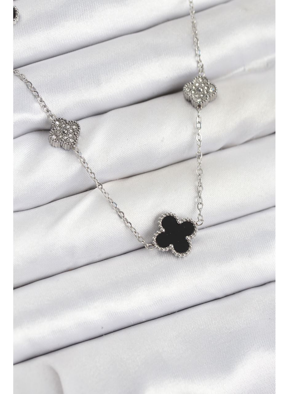 316L Çelik Zincir Gümüş Renk Siyah ve Zirkon Taşlı Yonca Kadın Kolye
