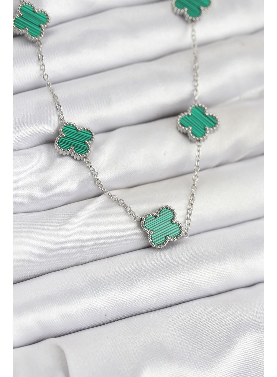 316L Çelik Zincir Gümüş Renk Yeşil Yonca Kadın Kolye