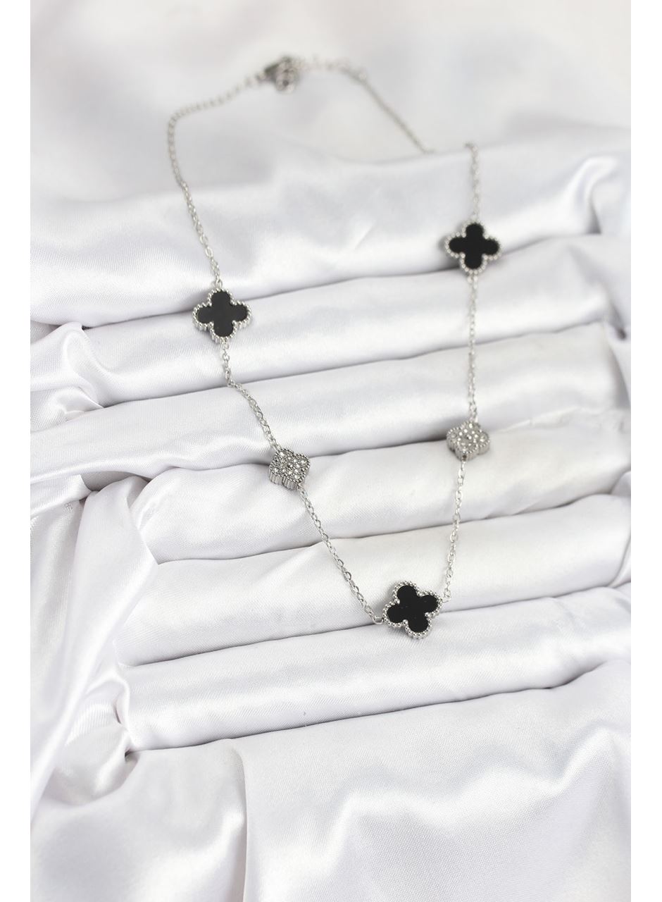 316L Çelik Zincir Gümüş Renk Siyah ve Zirkon Taşlı Yonca Kadın Kolye