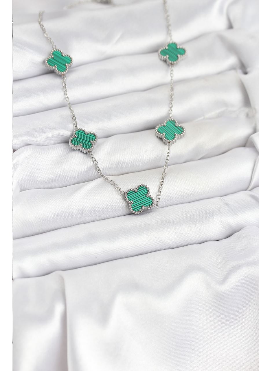 316L Çelik Zincir Gümüş Renk Yeşil Yonca Kadın Kolye