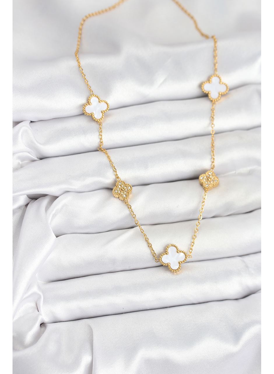 316L Çelik Zincir Gold Renk Beyaz ve Zirkon Taşlı Yonca Kadın Kolye