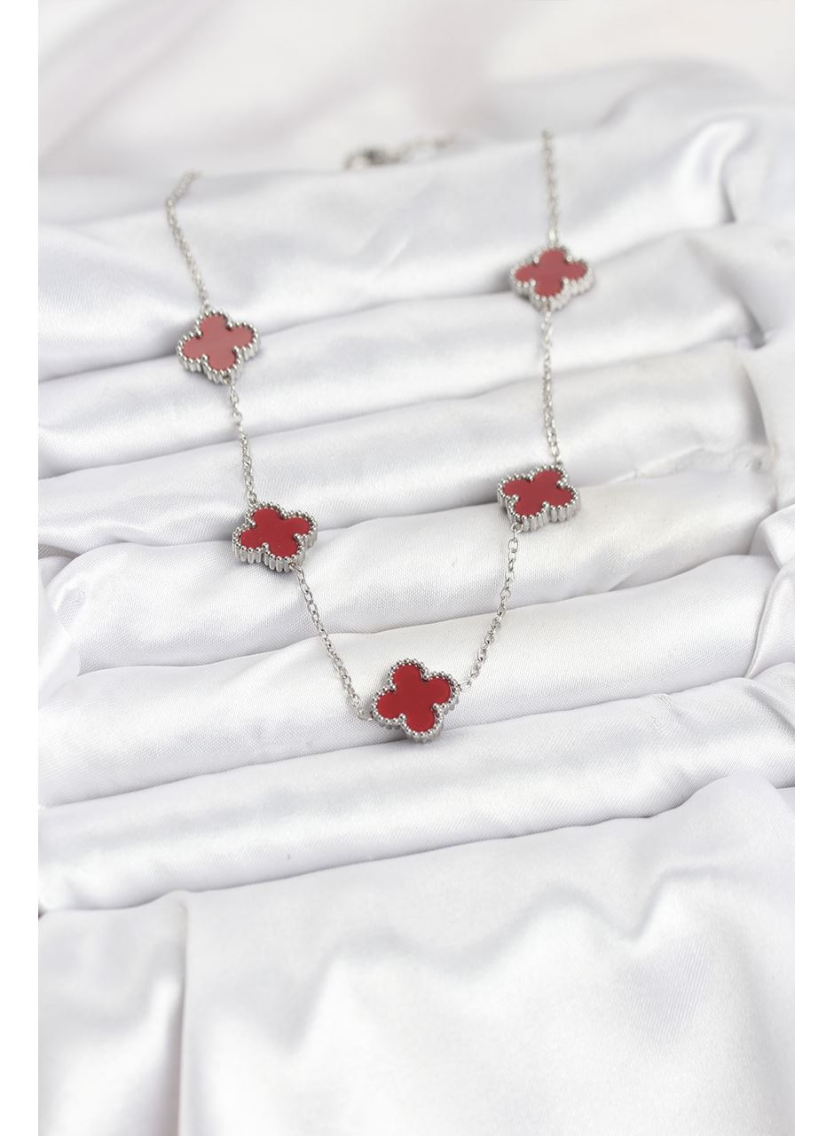 316L Çelik Zincir Gümüş Renk Bordo Renk Yonca Kadın Kolye