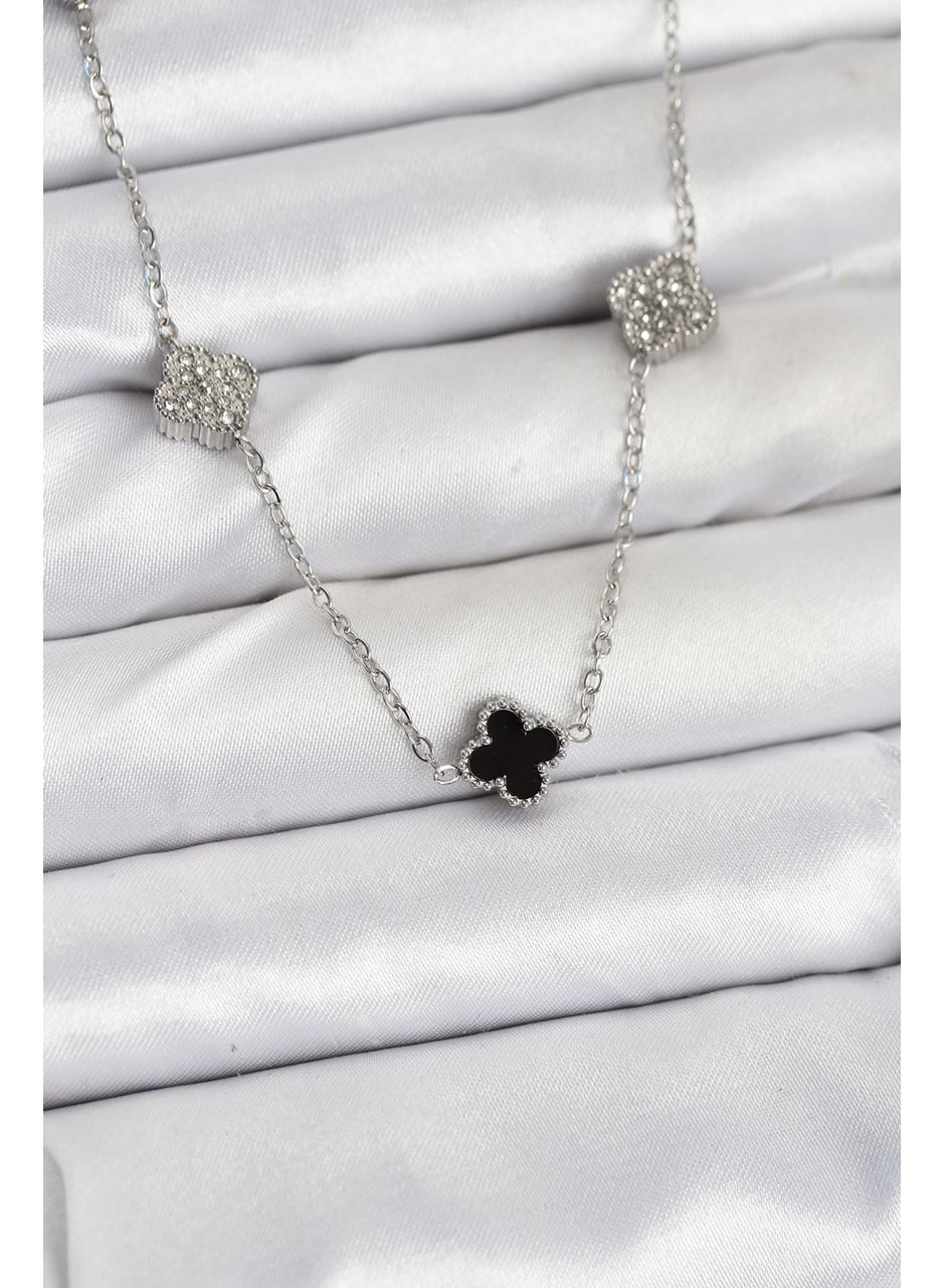 316L Çelik Zincir Gümüş Renk Siyah ve Zirkon Taşlı Baby Boy Yonca Kadın Kolye