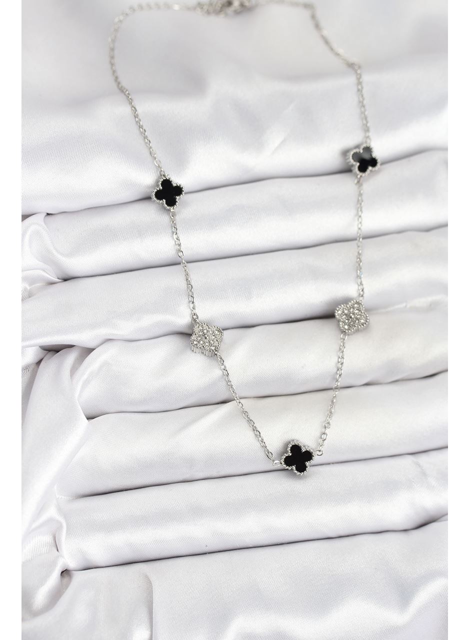 316L Çelik Zincir Gümüş Renk Siyah ve Zirkon Taşlı Baby Boy Yonca Kadın Kolye