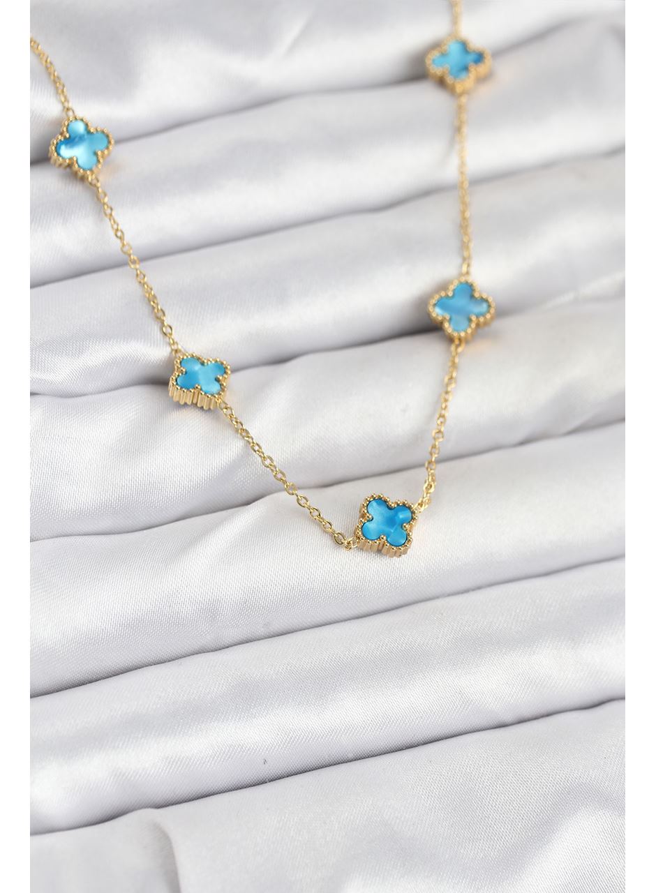 316L Çelik Zincir Gold Renk Buz Mavisi Baby Boy Yonca Kadın Kolye