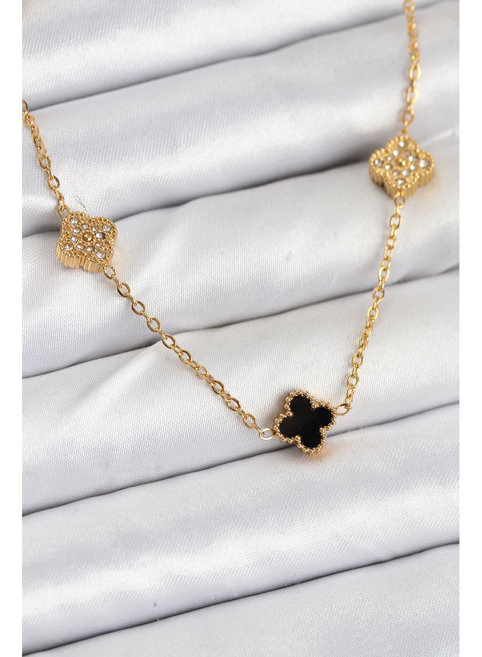 316L Çelik Zincir Gold Renk Siyah ve Zirkon Taşlı Baby Boy Yonca Kadın Kolye