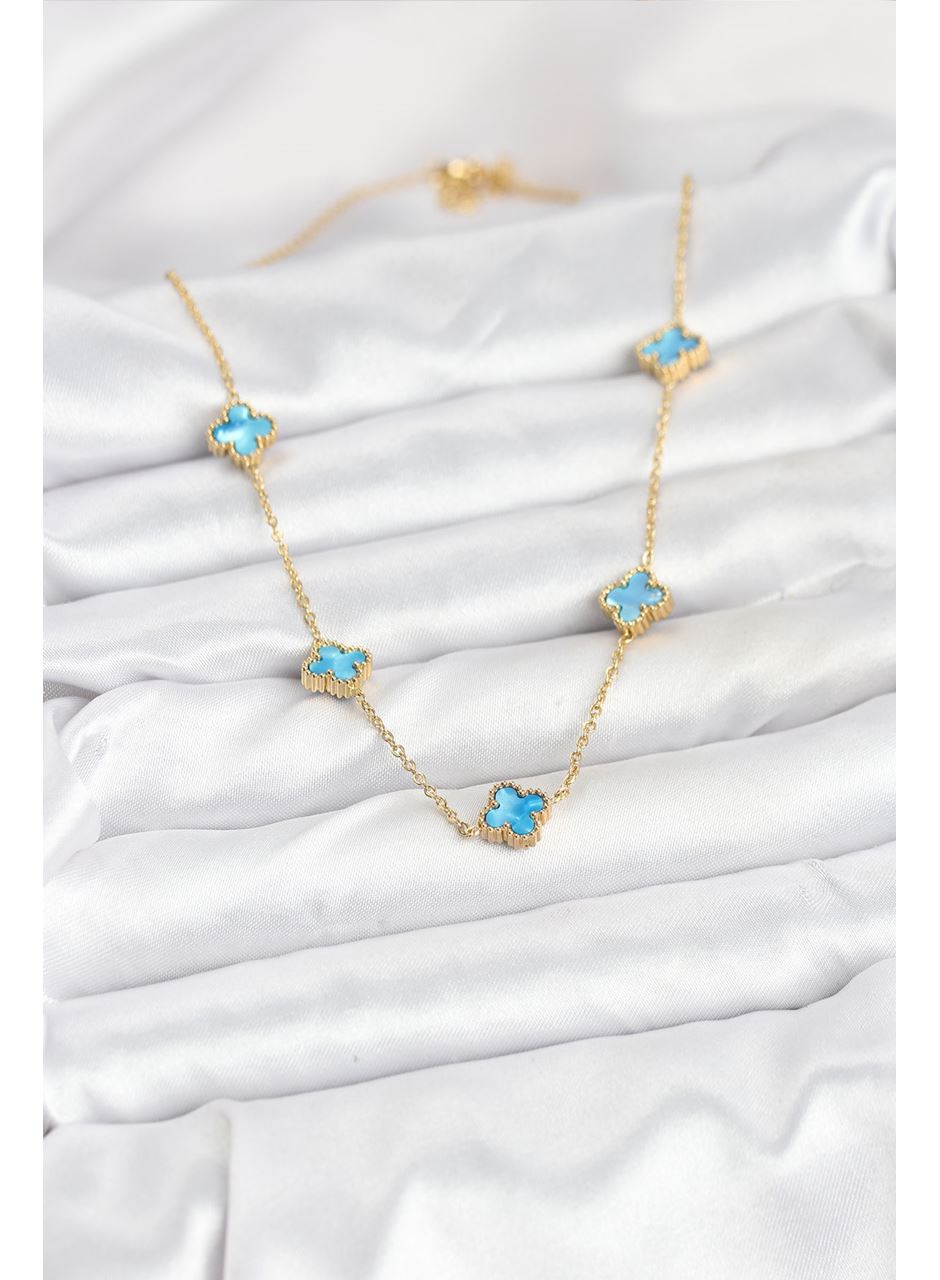 316L Çelik Zincir Gold Renk Buz Mavisi Baby Boy Yonca Kadın Kolye