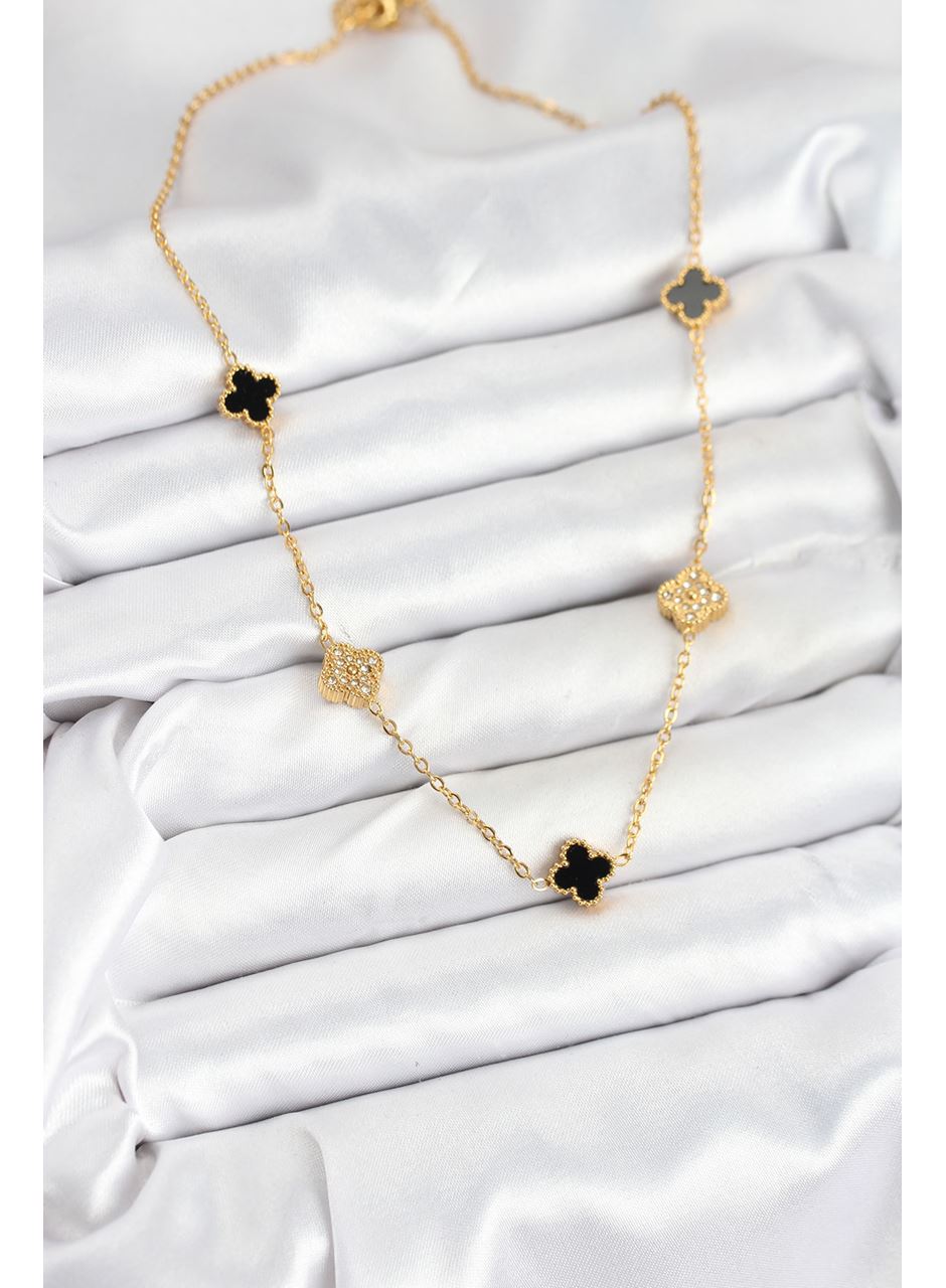 316L Çelik Zincir Gold Renk Siyah ve Zirkon Taşlı Baby Boy Yonca Kadın Kolye