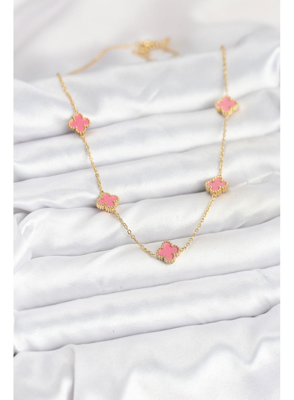 316L Çelik Zincir Gold Renk Pembe Baby Boy Yonca Kadın Kolye