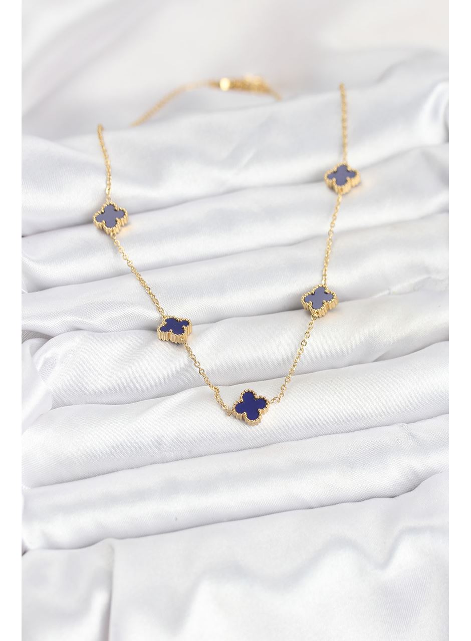 316L Çelik Zincir Gold Renk Lacivert Baby Boy Yonca Kadın Kolye