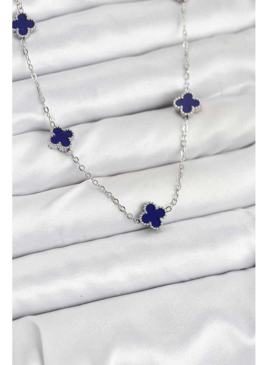 316L Çelik Zincir Gümüş Renk Lacivert Baby Boy Yonca Kadın Kolye