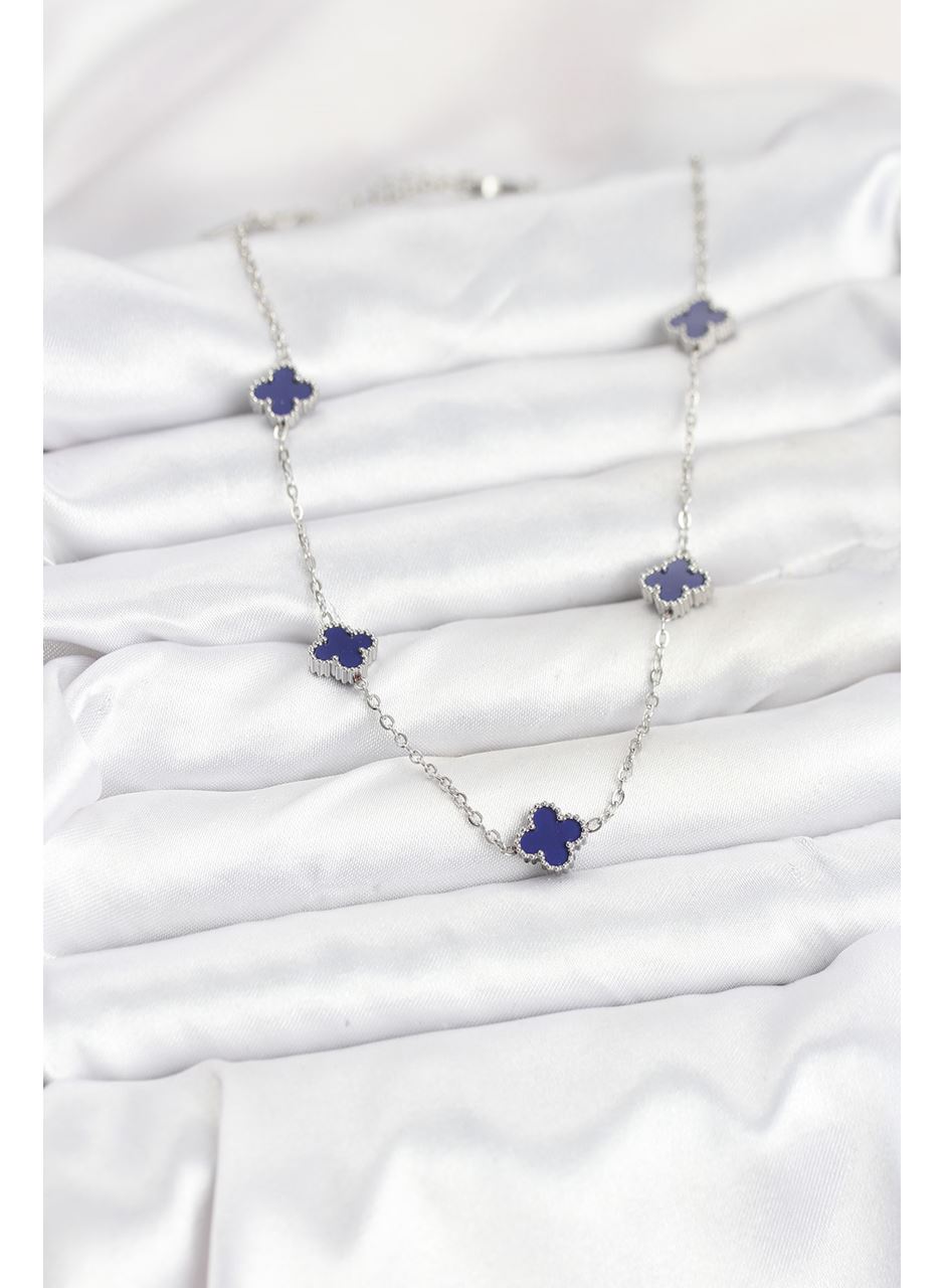 316L Çelik Zincir Gümüş Renk Lacivert Baby Boy Yonca Kadın Kolye