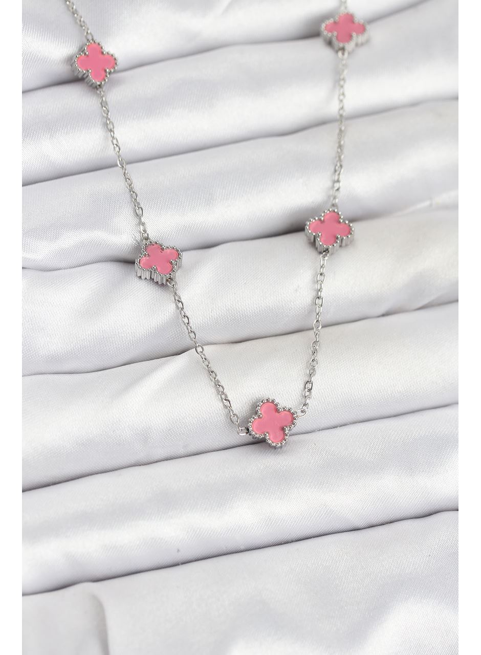 316L Çelik Zincir Gümüş Renk Pembe Baby Boy Yonca Kadın Kolye