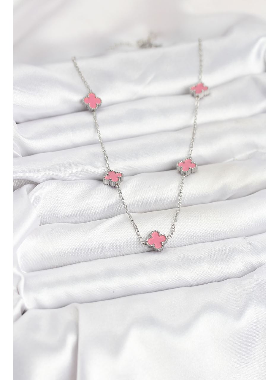 316L Çelik Zincir Gümüş Renk Pembe Baby Boy Yonca Kadın Kolye