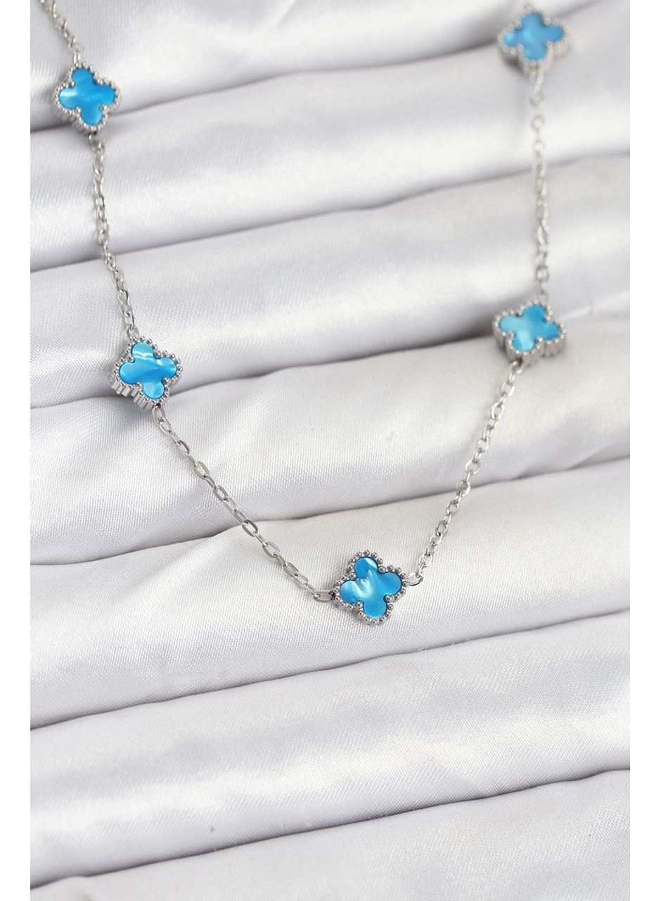 316L Çelik Zincir Gümüş Renk Buz Mavisi Baby Boy Yonca Kadın Kolye