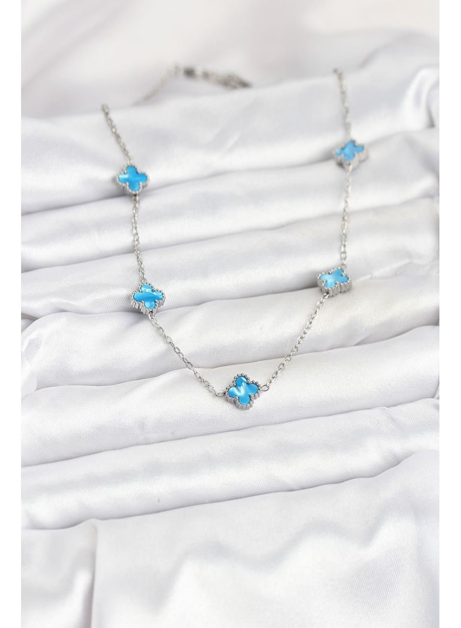 316L Çelik Zincir Gümüş Renk Buz Mavisi Baby Boy Yonca Kadın Kolye