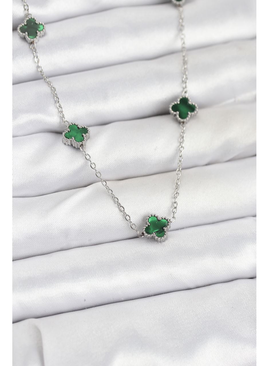 316L Çelik Zincir Gümüş Renk Yeşil Baby Boy Yonca Kadın Kolye