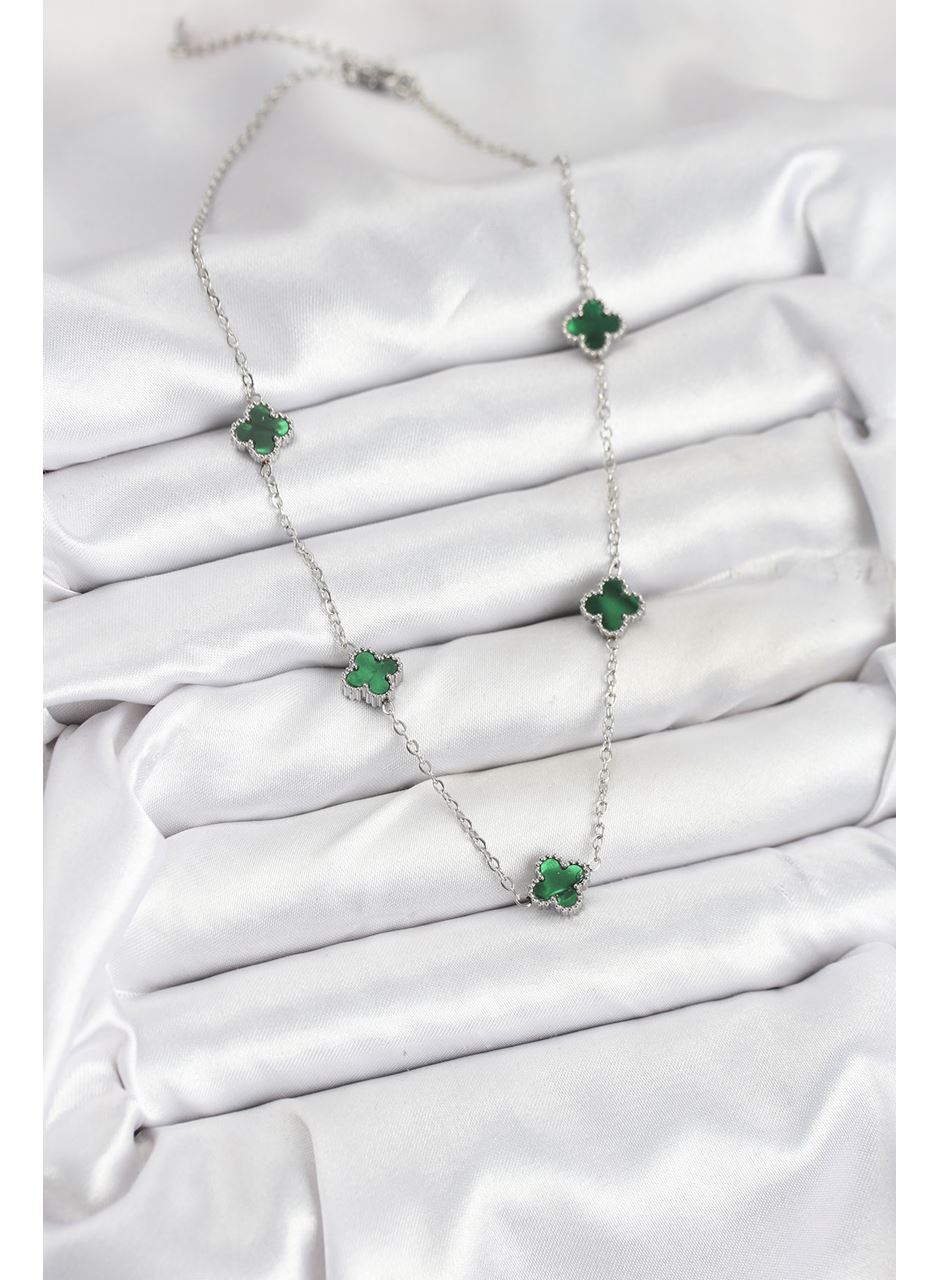 316L Çelik Zincir Gümüş Renk Yeşil Baby Boy Yonca Kadın Kolye