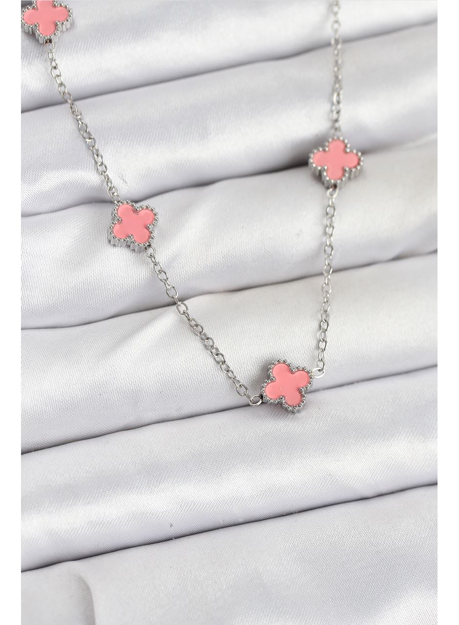 316L Çelik Zincir Gümüş Renk Pembe Baby Boy Yonca Kadın Kolye