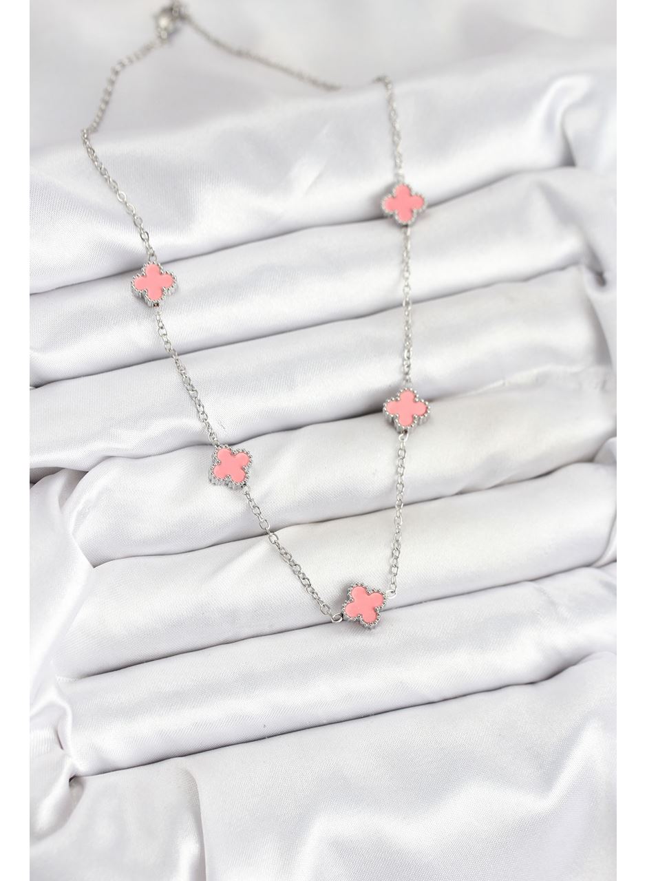 316L Çelik Zincir Gümüş Renk Pembe Baby Boy Yonca Kadın Kolye