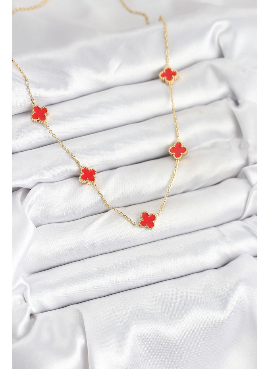 316L Çelik Zincir Gold Renk Kırmızı Baby Boy Yonca Kadın Kolye