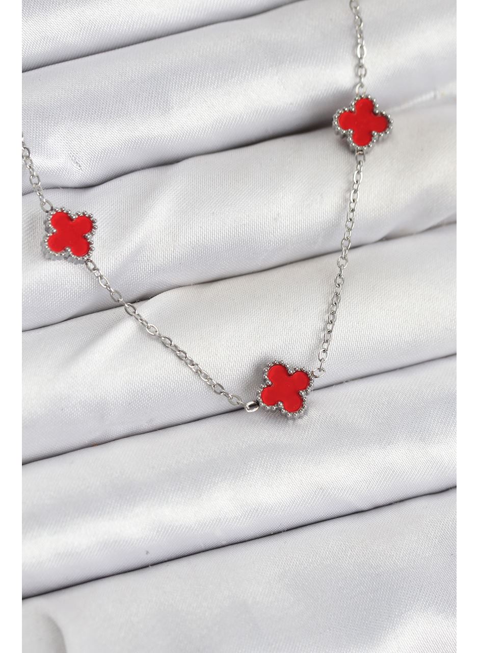 316L Çelik Zincir Gümüş Renk Kırmızı Baby Boy Yonca Kadın Kolye