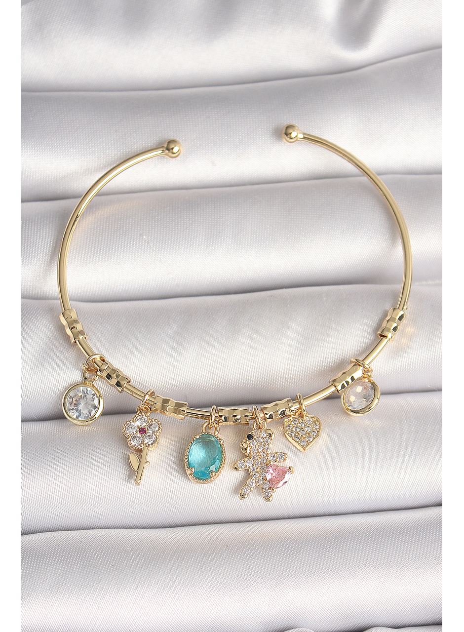 Pirinç Gold Renk Sallantı Zirkon Taşlı AYıcık Figür Kalp Detay Charm Kadın Bileklik