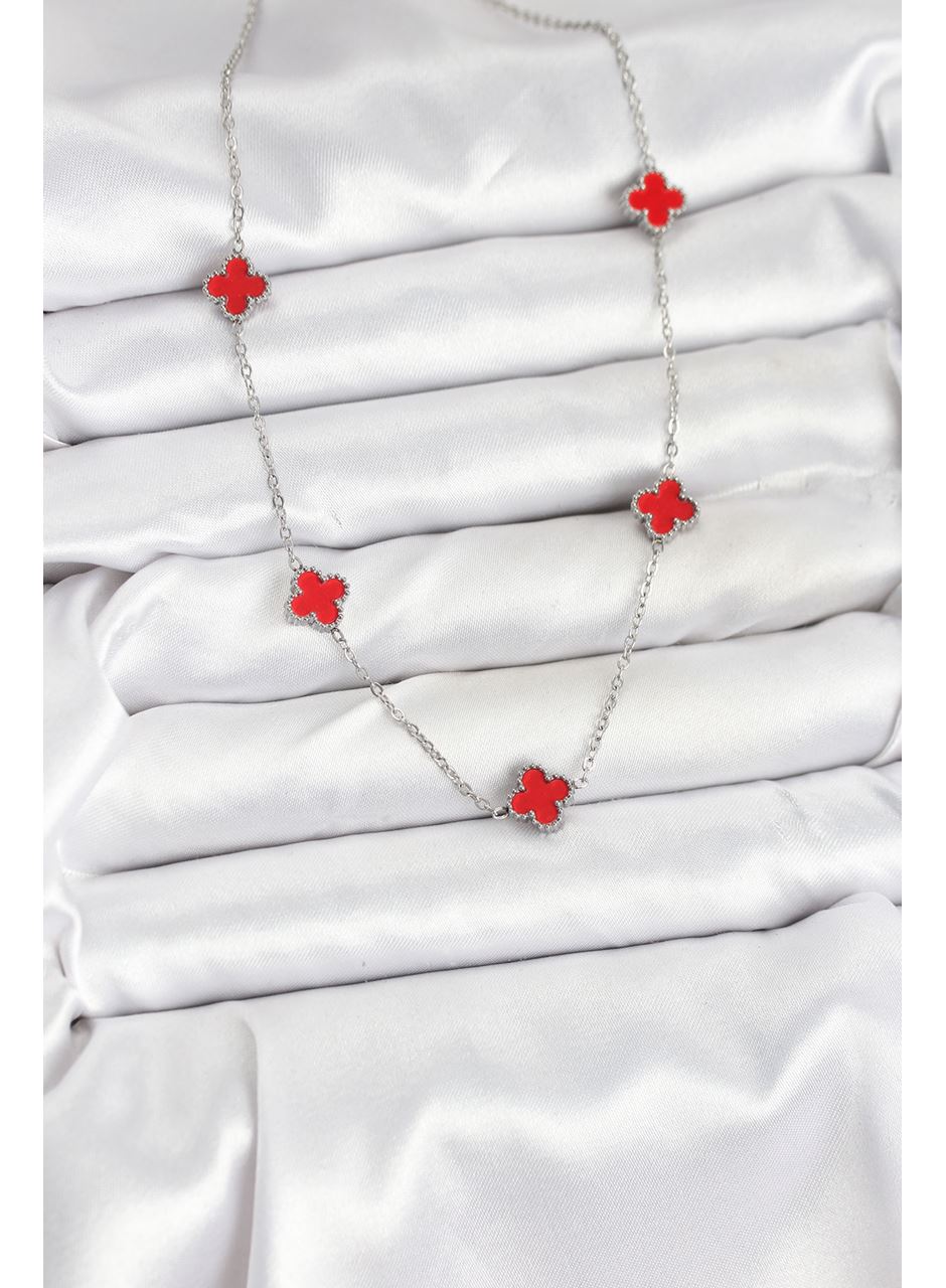 316L Çelik Zincir Gümüş Renk Kırmızı Baby Boy Yonca Kadın Kolye