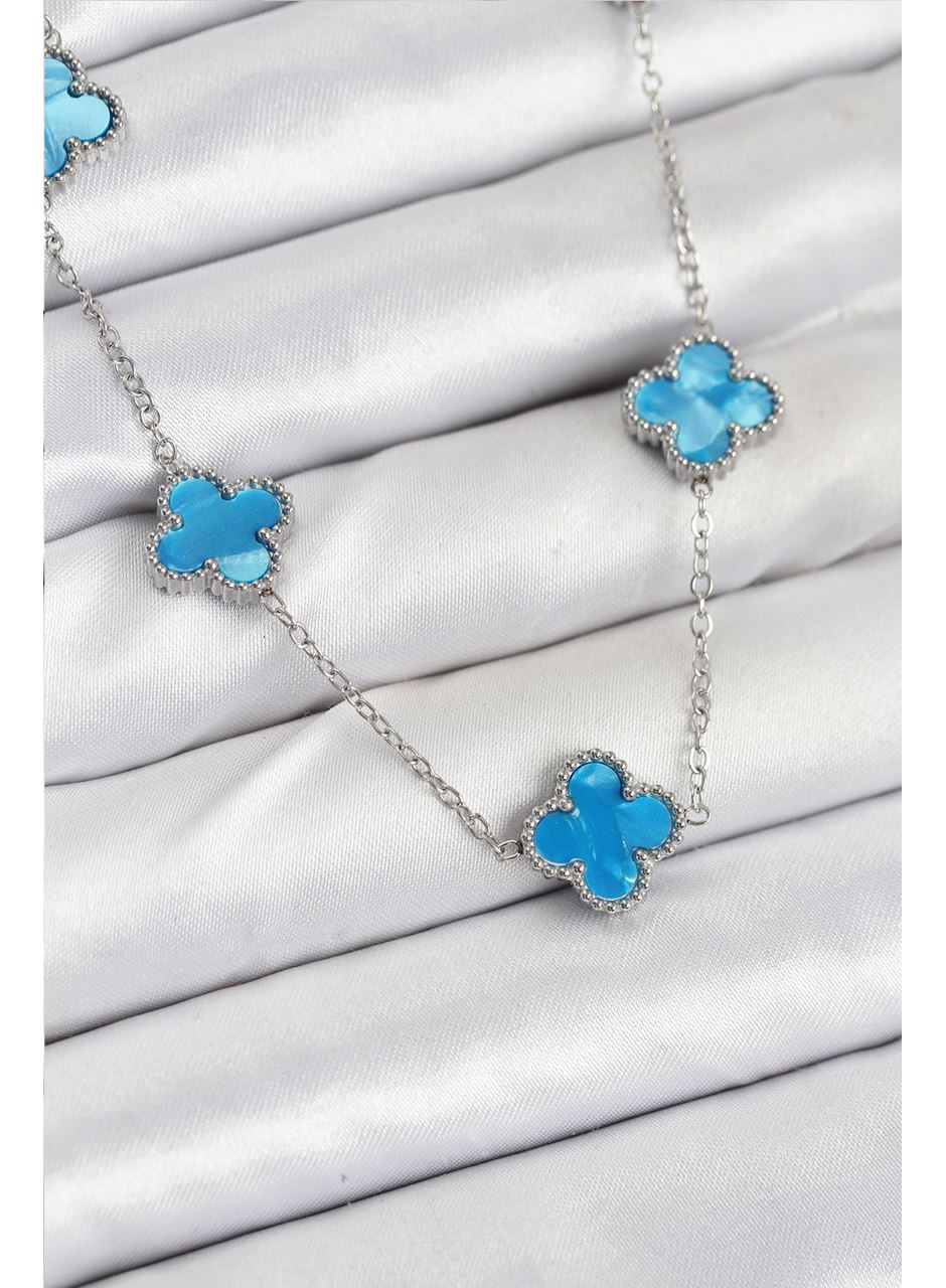 316L Çelik Zincir Gümüş Buz Mavisi Renk Yonca Kadın Kolye