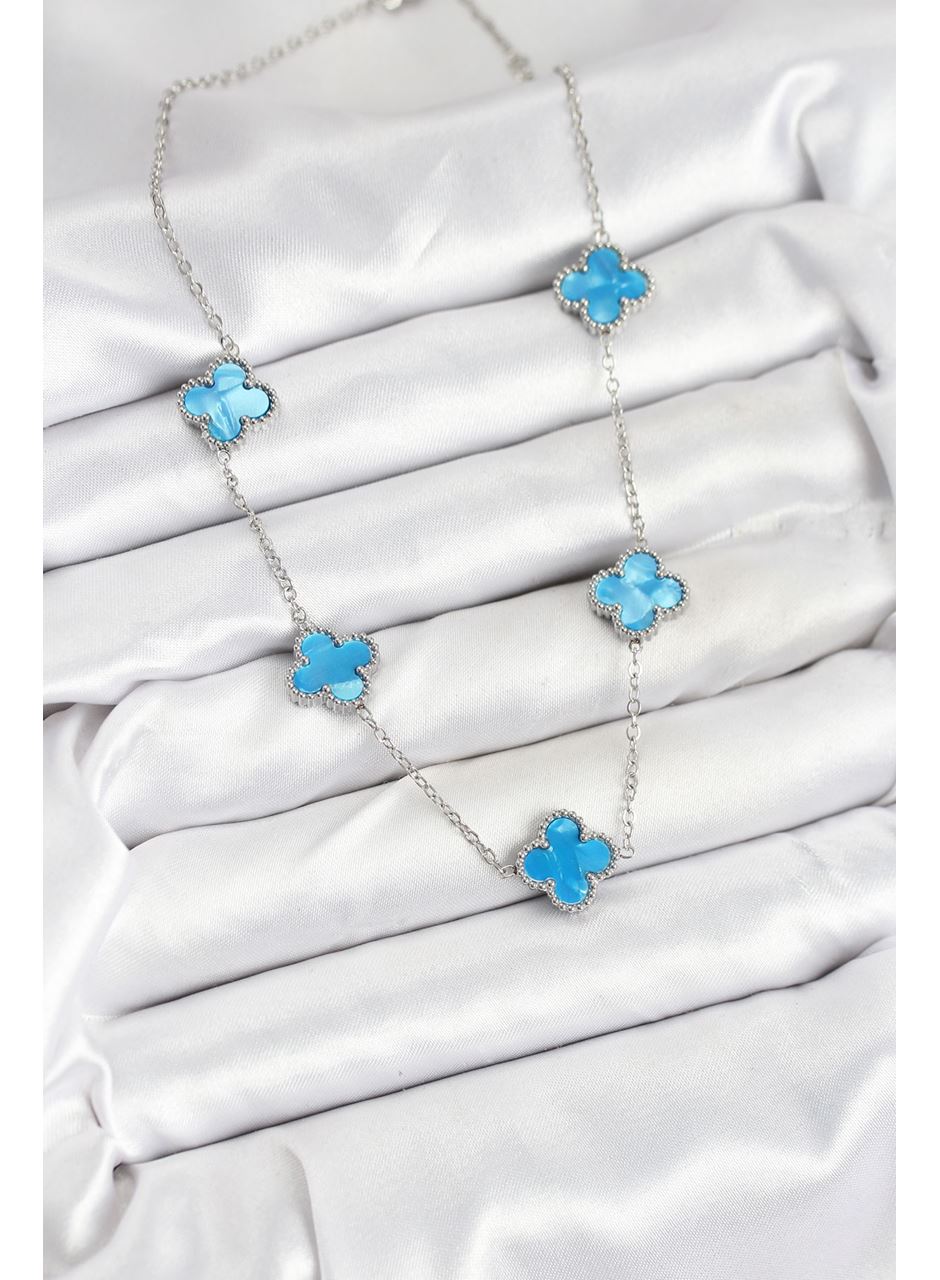 316L Çelik Zincir Gümüş Buz Mavisi Renk Yonca Kadın Kolye
