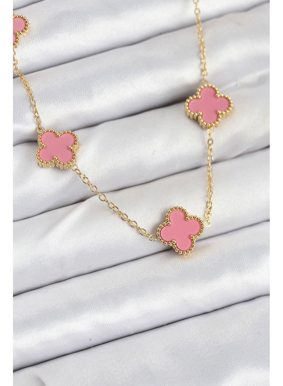 316L Çelik Zincir Gold Pembe Renk Yonca Kadın Kolye